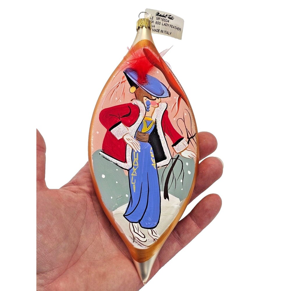 NEW Marshall Field's Italy Blown Glass‎ Teardrop Lady Feather Christmas Ornament